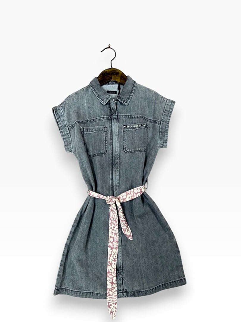 Robe en jean gris coton bio ceinturé imprimée fille Ikks - 8 ans