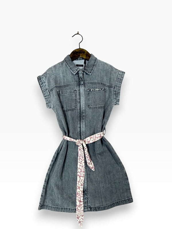 Robe en jean gris coton bio ceinturé imprimée fille Ikks - 8 ans