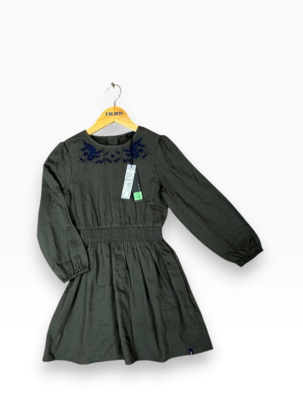 Robe Ikks kaki broderies fleurs marine fille - 10 ans