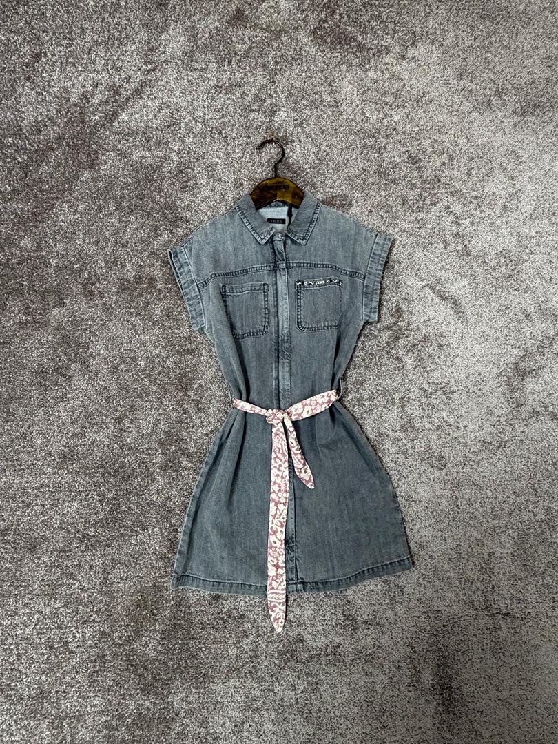 Robe en jean gris coton bio ceinturé imprimée fille Ikks - 8 ans