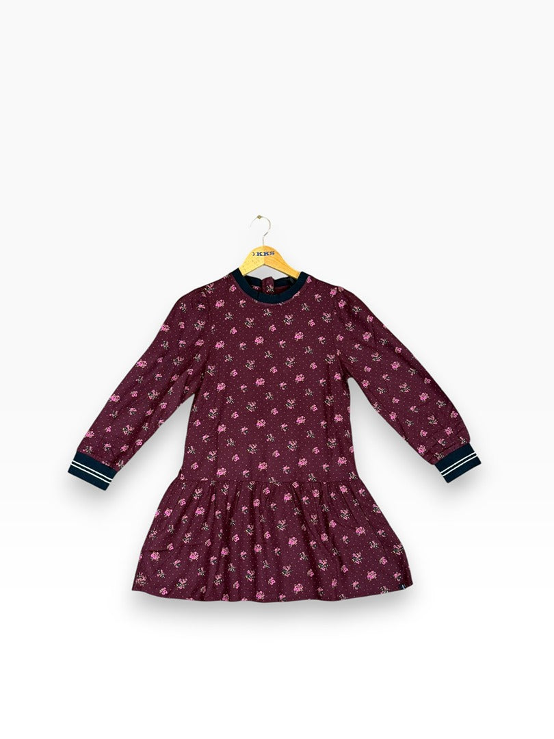 Robe manches longues Ikks bordeaux fleurie fille - 10 ans