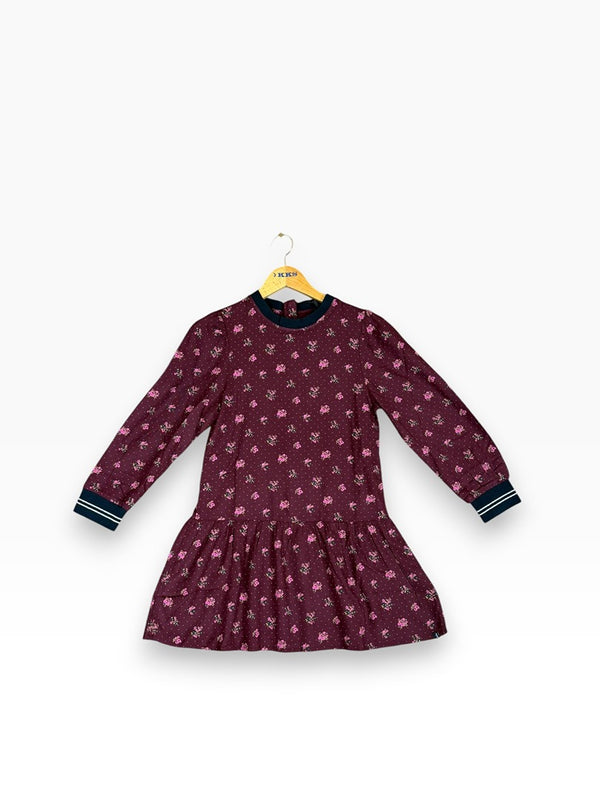 Robe manches longues Ikks bordeaux fleurie fille - 10 ans