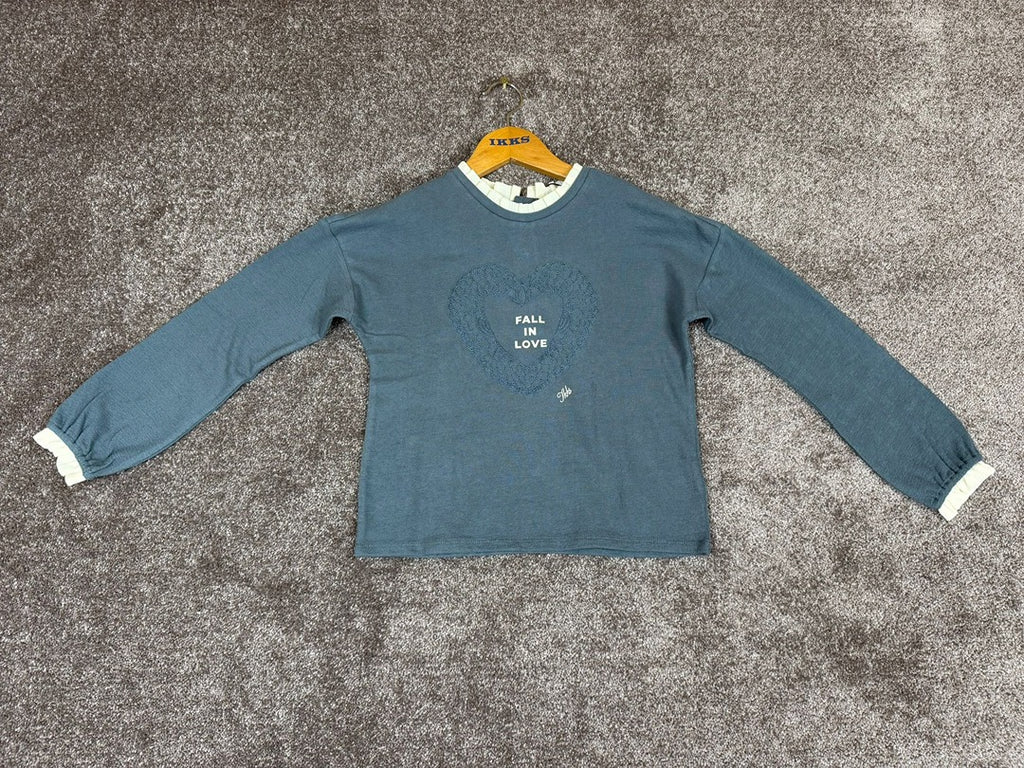 Pull fille colcolerette brodé mancheslonues Ikks bleu gris file - 10 ans Réf: 017