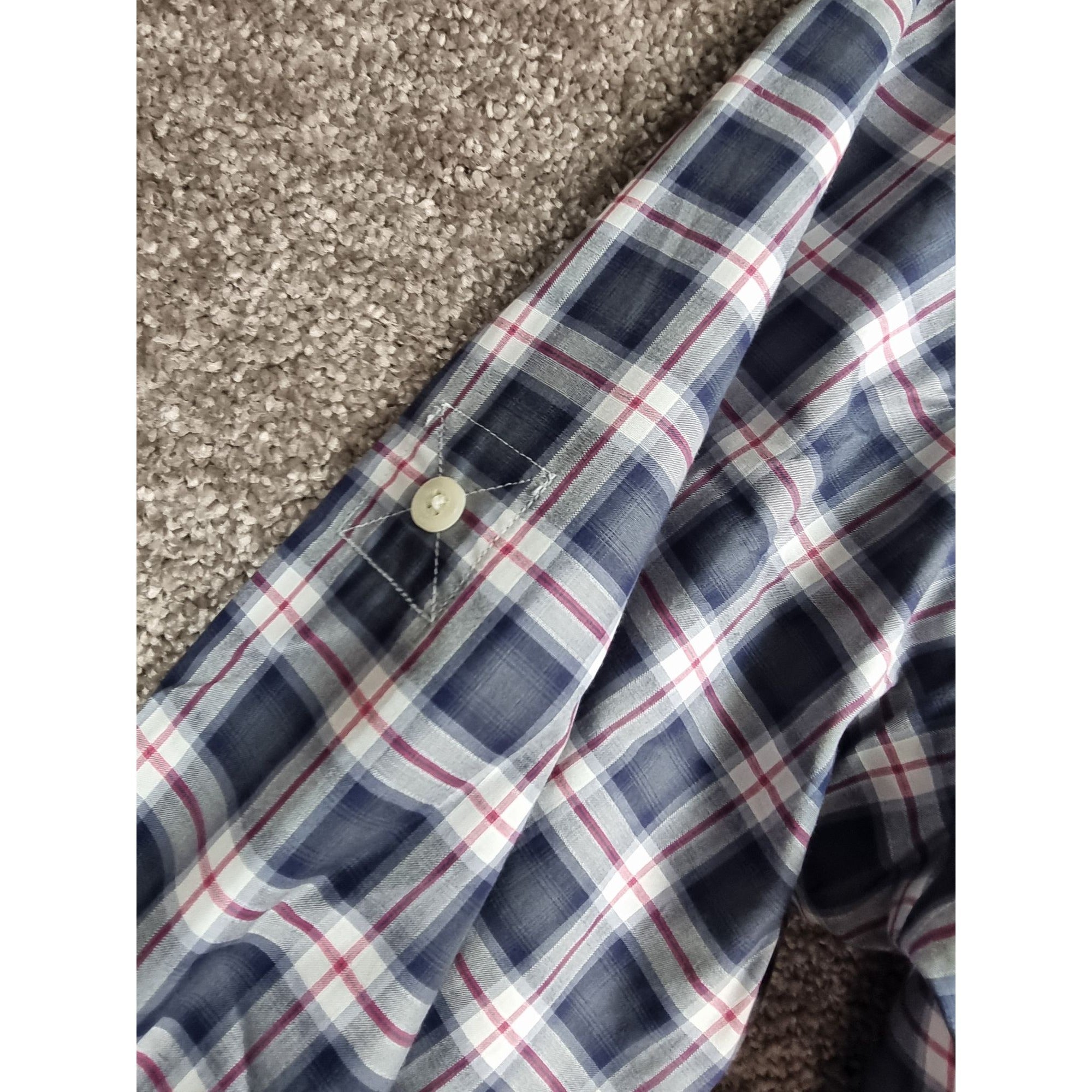 Karl Lagerfeld Mens Slim Fit Navy Plaid Button-Up Shirt Long Sleeves Cotton Blend Size 39 - Sell4Me
