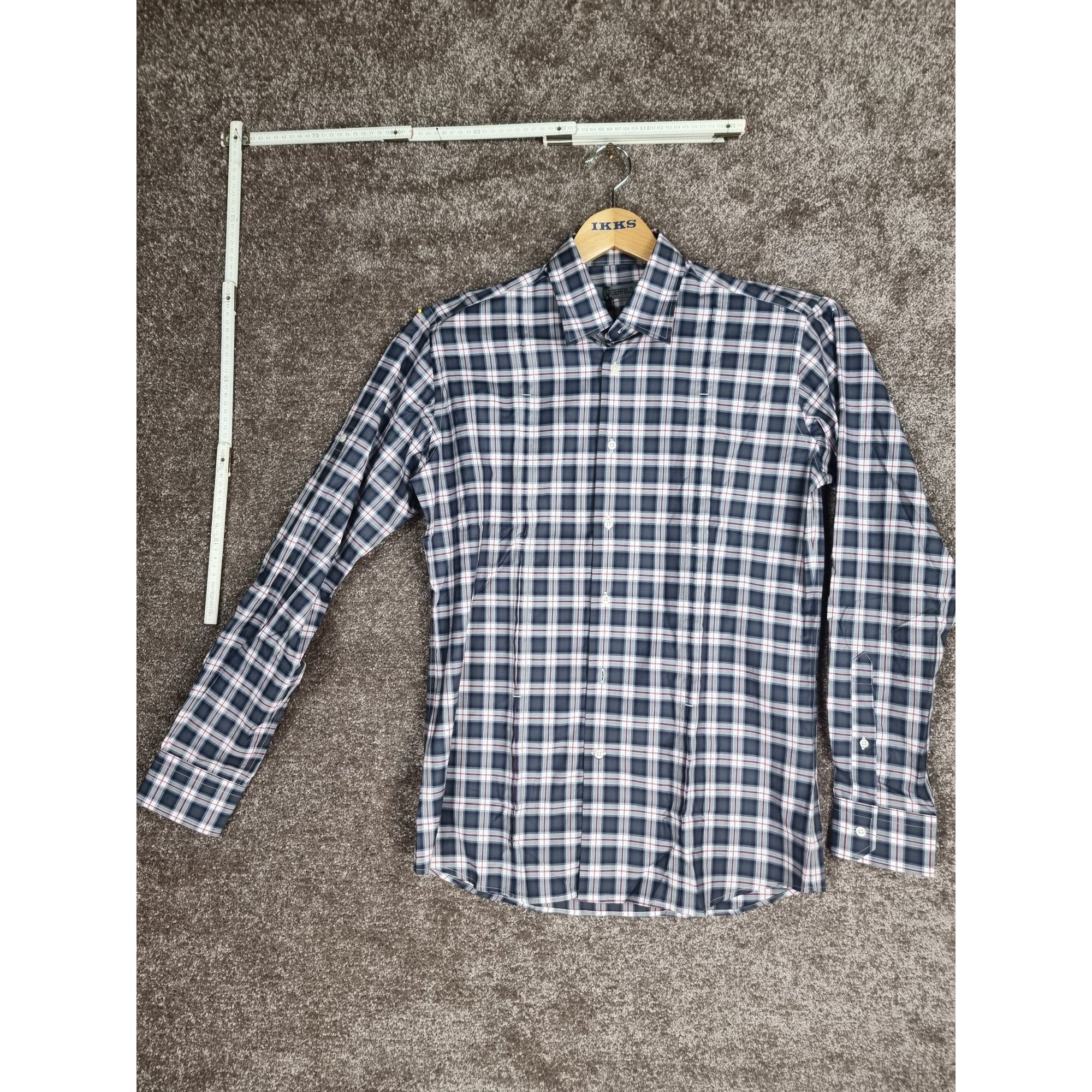 Karl Lagerfeld Mens Slim Fit Navy Plaid Button-Up Shirt Long Sleeves Cotton Blend Size 39 - Sell4Me