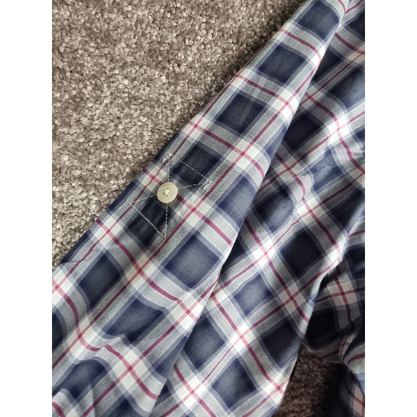 Karl Lagerfeld Mens Slim Fit Navy Plaid Button-Up Shirt Long Sleeves Cotton Blend Size 39 - Sell4Me