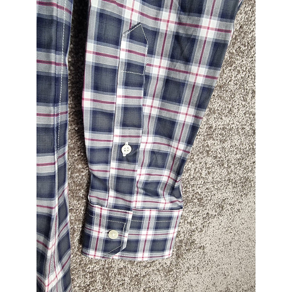 Karl Lagerfeld Mens Slim Fit Navy Plaid Button-Up Shirt Long Sleeves Cotton Blend Size 39 - Sell4Me
