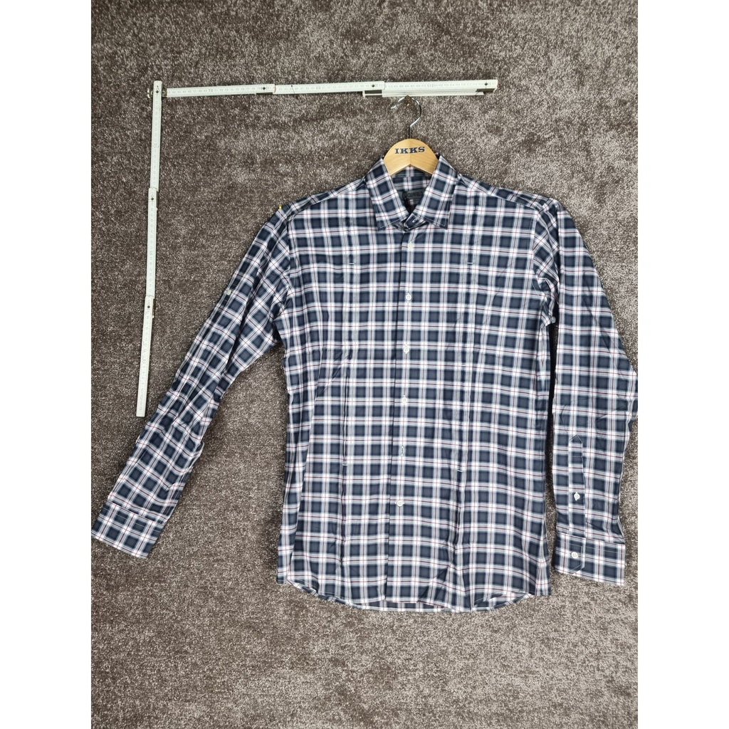 Karl Lagerfeld Mens Slim Fit Navy Plaid Button-Up Shirt Long Sleeves Cotton Blend Size 39 - Sell4Me