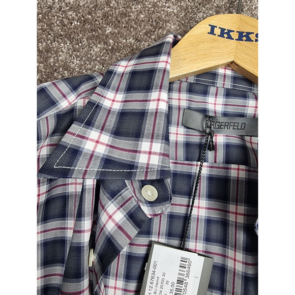 Karl Lagerfeld Mens Slim Fit Navy Plaid Button-Up Shirt Long Sleeves Cotton Blend Size 39 - Sell4Me