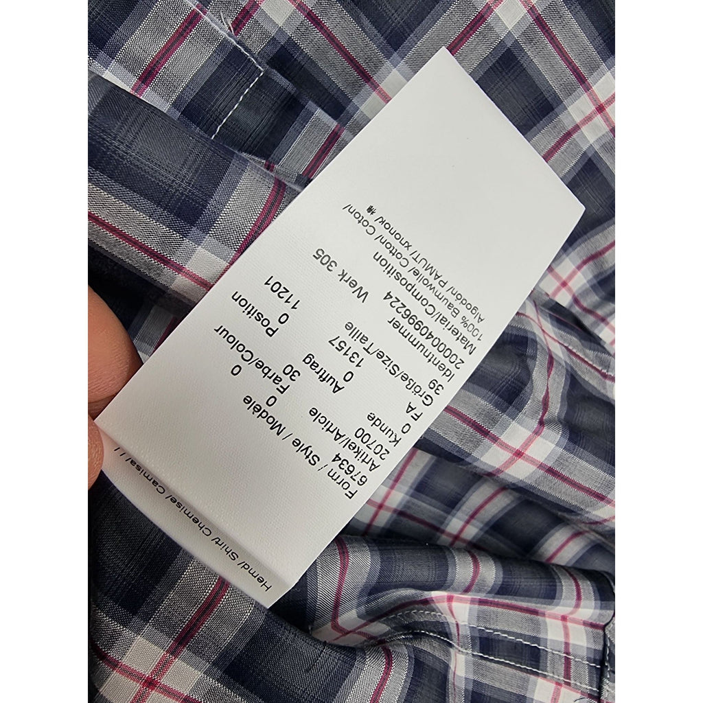 Karl Lagerfeld Mens Slim Fit Navy Plaid Button-Up Shirt Long Sleeves Cotton Blend Size 39 - Sell4Me