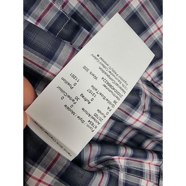 Karl Lagerfeld Mens Slim Fit Navy Plaid Button-Up Shirt Long Sleeves Cotton Blend Size 39 - Sell4Me